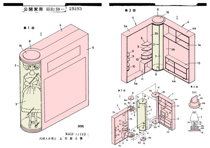 タカラ1982年実用新案出願の人形ケースを兼ねた部屋玩具
フィギュアをディスプレイしつつ服や付属品も収納できる
数揃えて本棚に並べるにもよさげ
上面にも明かりとりの窓が欲しいところだが、今ならLEDでライトアップしそう 