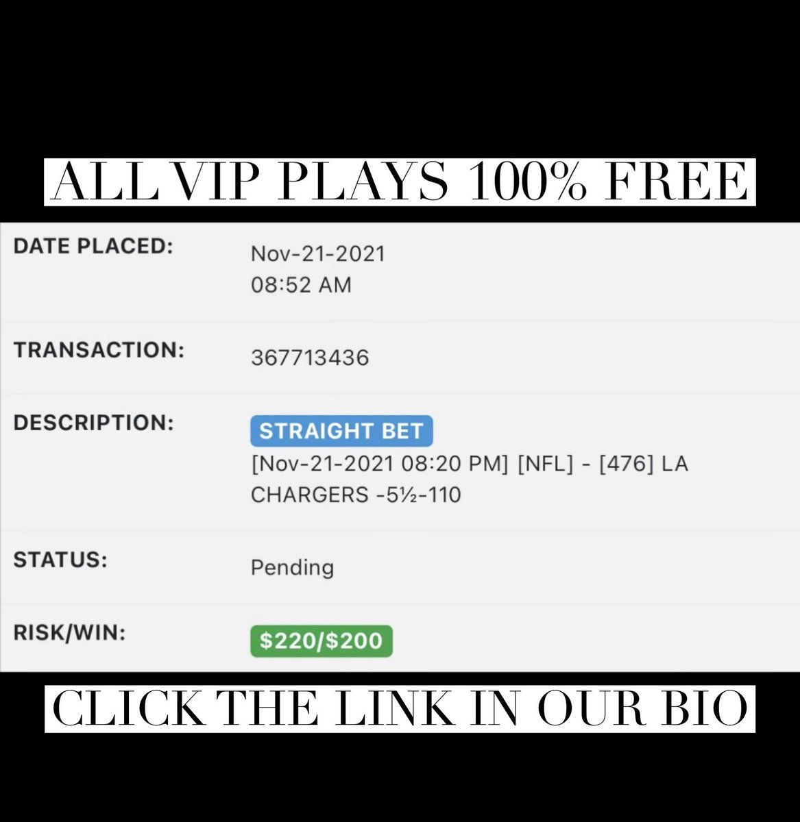handicappingmar's tweet photo. 🚨 VIP PLAY LOS ANGELES CHARGERS -5 1/2💰 

Click for ALL VIP Plays FREE! ⬇️

https://t.co/xoCu1rbDcJ

You will receive ALL VIP Plays everyday FREE!

VIP PLAYS 60% CAREER!

#GamblingTwitter #sportsbettor #sportsbetting https://t.co/7hvLO6yYDI