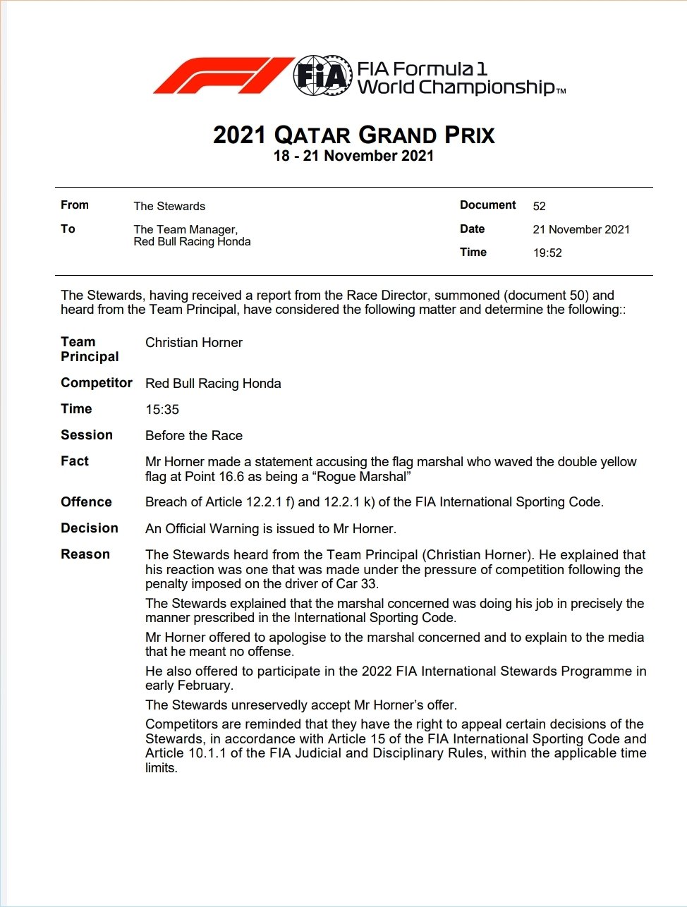 Stewards doen uitspraak na 'beledegende opmerkingen' van Christian Horner