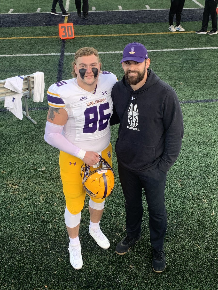 LWesneskiJr's tweet photo. 6 yrs ago these 2 guys @UalbanyFootball @CoachGGattuso @CoachByham took a chance on @LJ_Wesneski and offered him a scholarship to play football here. Yesterday was his final college game. The 2 of u meant a lot to him and helped him become the man he is today. Thank you. 💜💛 https://t.co/jOYP3ncOju
