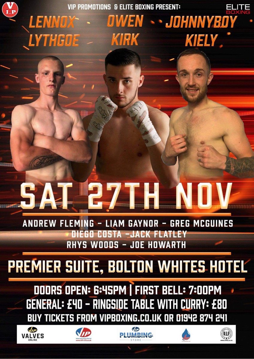 TeamKirkBoxing's tweet photo. Less than 1 week to go! Last chance to grab tickets for a great show at @BoltonWhitesHtl Saturday 27th November! @owenkirk_ chases his 2nd win! @vipboxing @SteveWoodVIP @OfficialAvpi @paulryanfitness @BrynWoodlands @eddie_kiddobe #TheCaptain #TeamKirkBoxing #TKB #retweet https://t.co/HdOshTW9sk