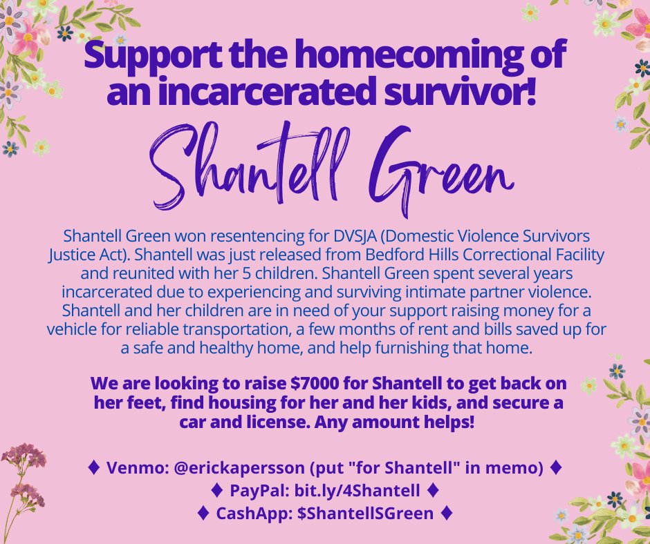 peoplepersson's tweet photo. My friend Shantell Green — a DV survivor &amp; mother of 5 — is *finally* home! We are trying to raise at least $7000 to support her reentry and to make sure she can provide for her family. 

Please donate &amp; amplify!

Paypal: https://t.co/FzTFTjHh0K
Venmo &amp; Cashapp info in graphic! https://t.co/H4qvcxU1sc