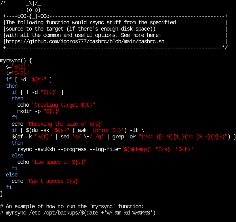 igor_os777's tweet image. An handy rsync function to make backups of your data. #Linux #bash #unixshell #unix