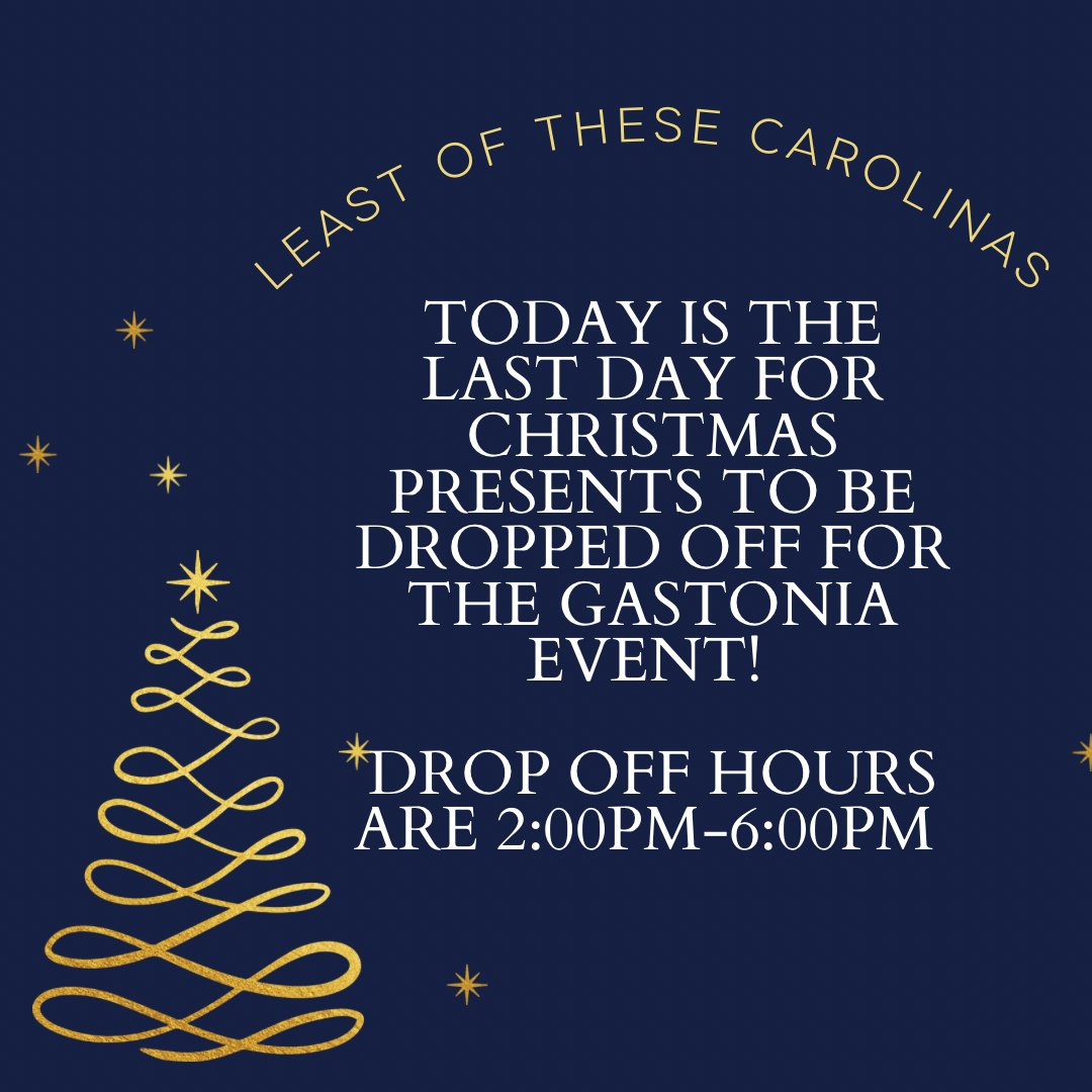 lotcarolinas's tweet photo. Today is the last day for present drop off for our Gastonia Christmas event! Drop off is from 2pm-6pm at our office located at 4100 E Franklin Blvd! 🎄🎄 https://t.co/Mn9q0z84AP