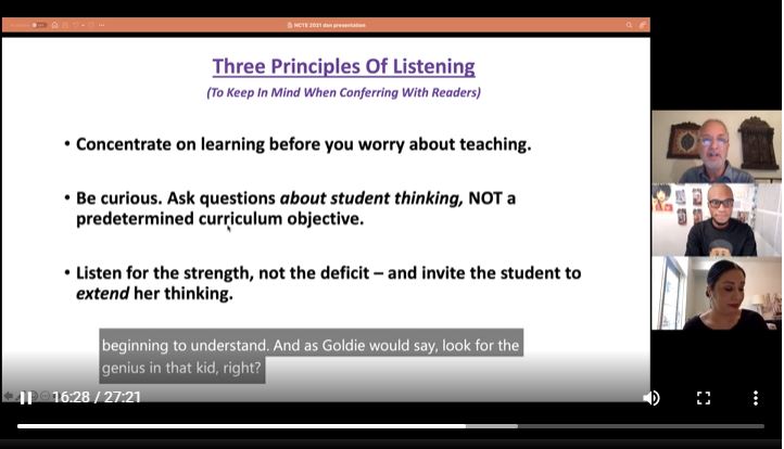 CHallTeacher's tweet image. "Be curious. Ask questions about Ss thinking...Listen for the strength, not the deficit...look for the genius in that kid." Powerful reminders about listening during our reading conferences! @danfeigelson @tianasilvas @MisterMinor #NCTE21