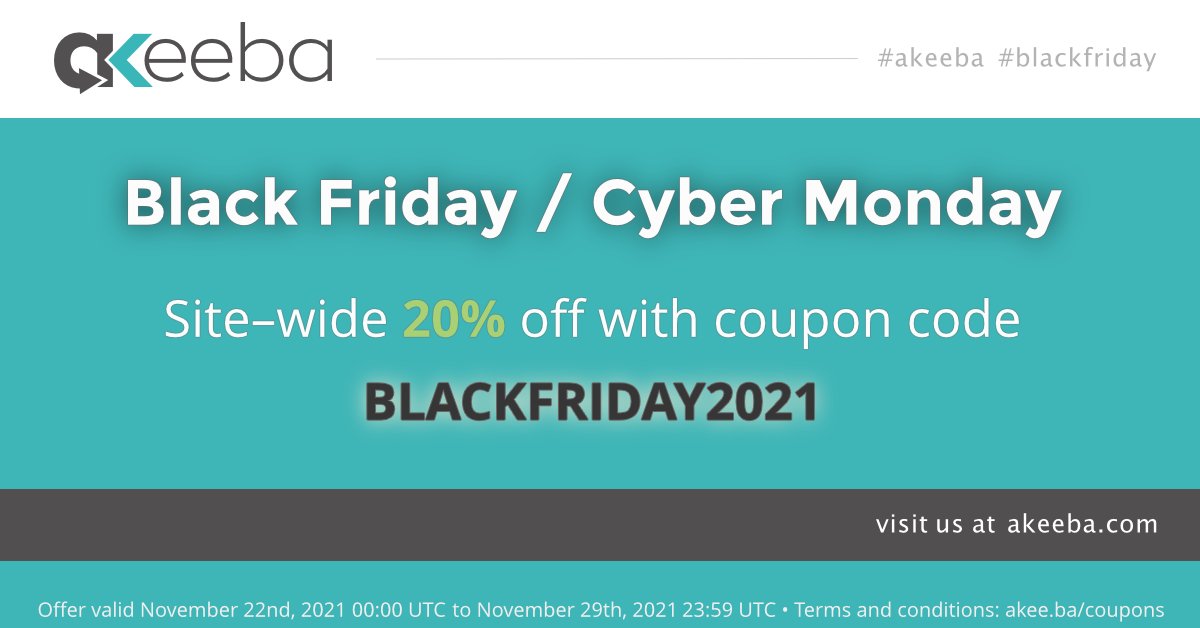 Black Friday / Cyber Monday sale!

Site–wide 20% off with coupon code BLACKFRIDAY2021

#BlackFriday #Joomla #WordPress #BACKUP #Security