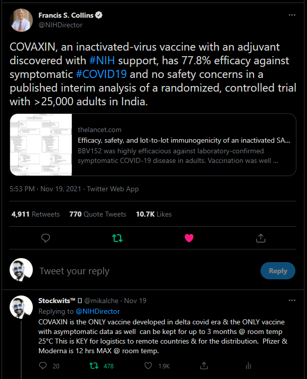 mikalche's tweet image. $OCGN #COVAXIN  capability of preventing asymptomatic infection would also protect against transmission Its the ONLY vaccine developed in delta covid era &amp;amp; ONLY vaccine with asymptomatic data &amp;amp; can be kept up to 3 months @ room temp 25°C #Covaxin4Kids  @B1llyTh2K3d @charmishere