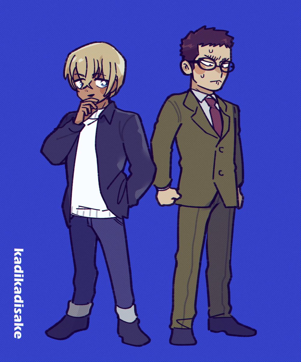 multiple boys 2boys blue background male focus glasses blonde hair jacket  illustration images