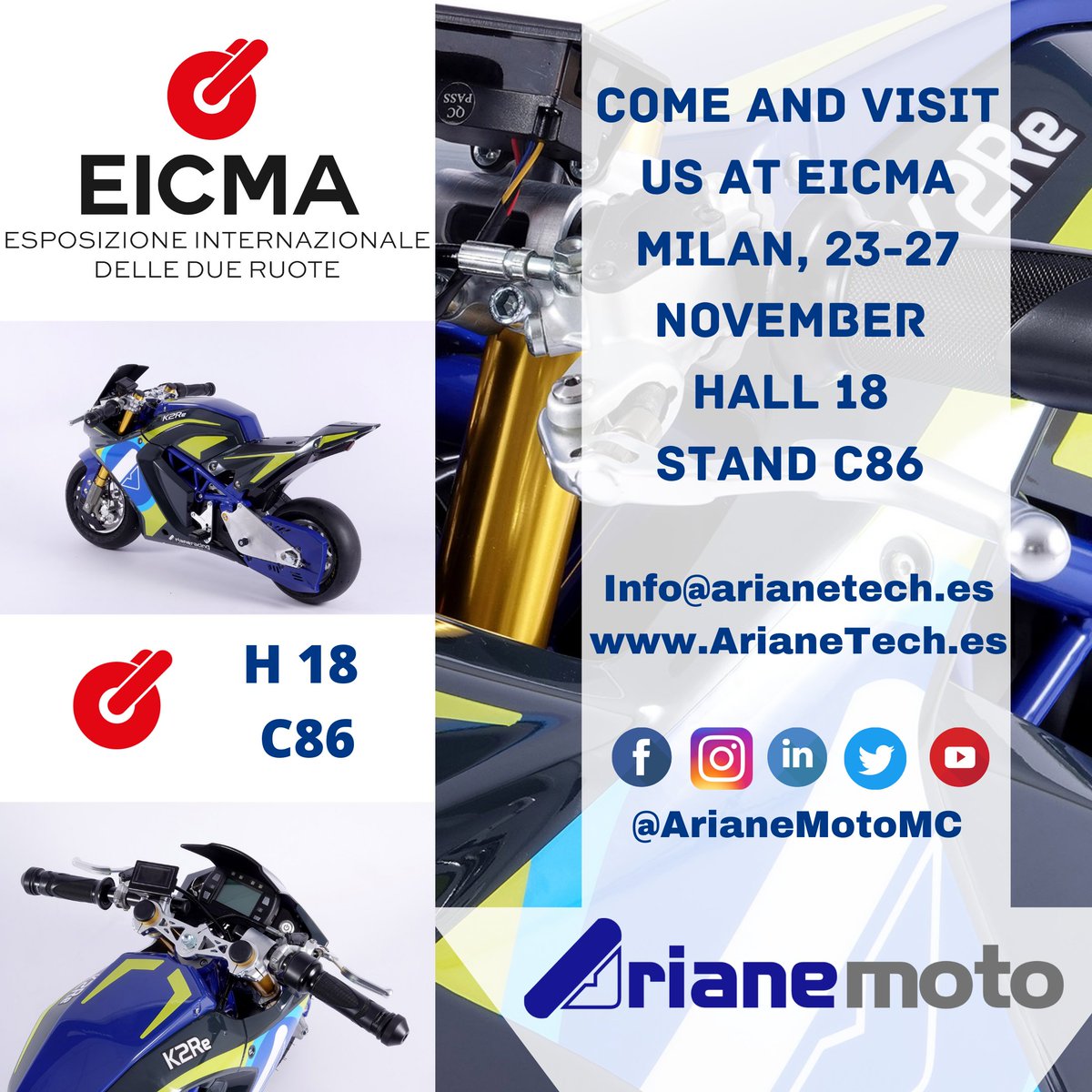 ArianeMoto will attend EICMA from November 23rd to 28th at pad.18, stand C86
Do not hesitate to contact us to schedule a meeting and visit us to discover the new Ariane K2Re Electric Minibike.
#EICMA2021 #electricpocketbike #electricbike  #minibike #eicma #ArianeMoto #arianek2re