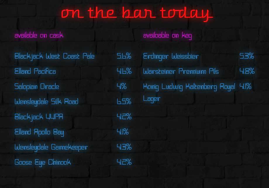 On the bar today!
Beer Board: bit.ly/2RnJlHA

<a href="/Blackjackbeers/">Blackjack Brewing Co.</a> <a href="/EllandBrewery/">Elland Brewery</a> <a href="/SalopianBrewery/">Salopian Brewery</a> <a href="/Wensleydale_Ale/">Wensleydale Brewery</a> #ErdingerWeissbier <a href="/WARSTEINER_UK/">WARSTEINER UK</a> #KonigLudwig <a href="/hxcamra/">Hx& Calderdale CAMRA</a>
#RealAleFinder
