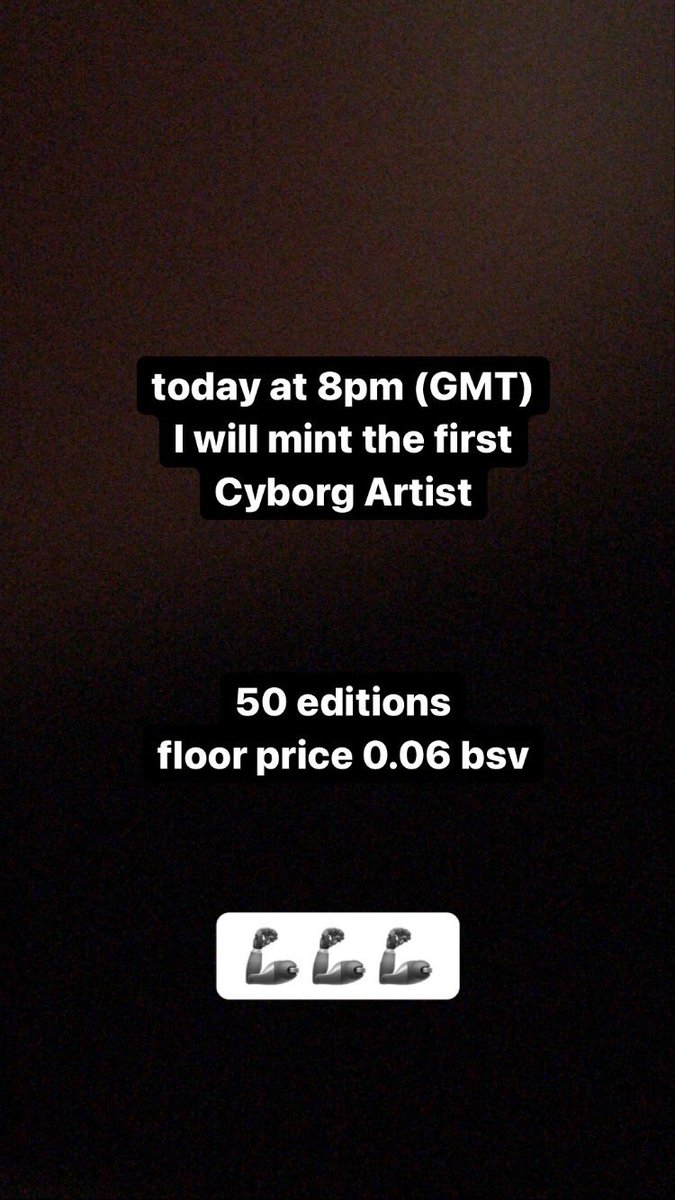squarefinger1's tweet photo. Stay tuned! 8 pm (GMT) The first cyborg artist will be minted! @relayxio 

Comment below your artist guess and BSV wallet and I will drop to the winner an NFT of 0.06Bsv value 🚀🦾 https://t.co/4FmMzH2v4Y