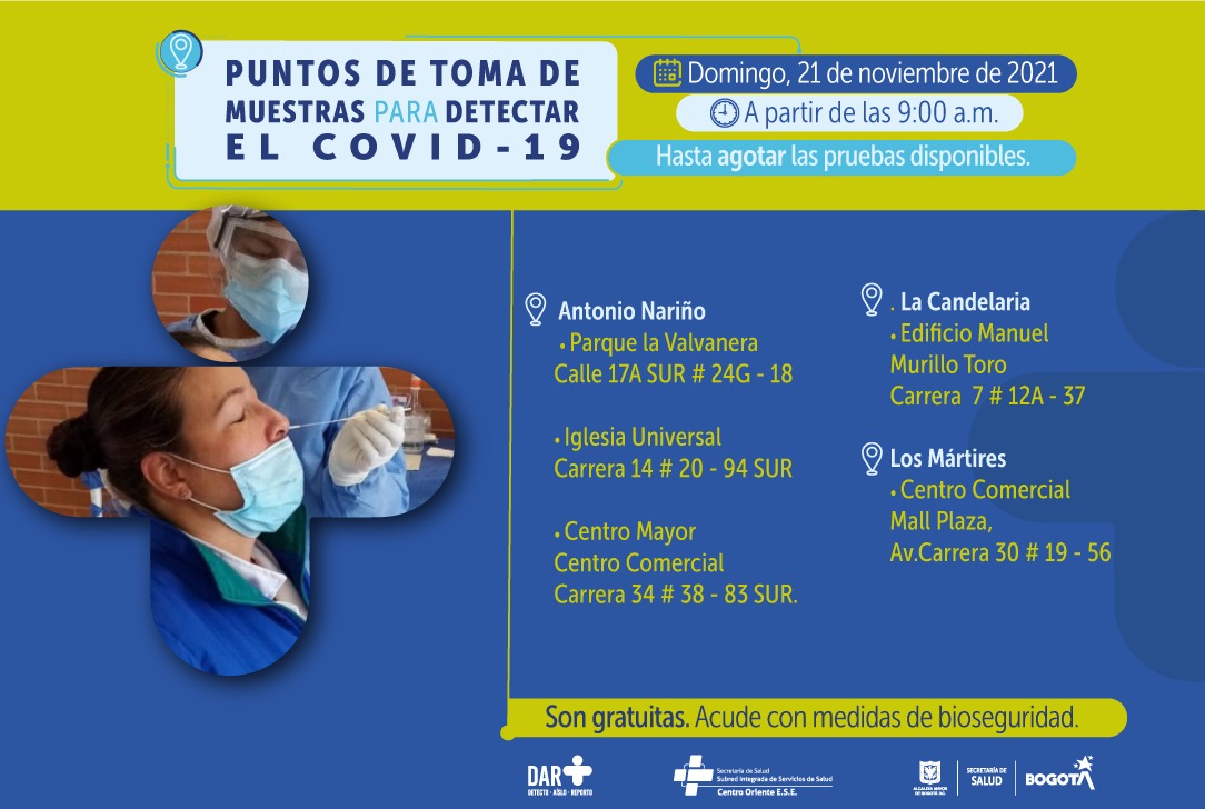 SubRedCentroOri's tweet photo. #ATENCIÓN 🚨
Este DOMINGO 21 DE NOVIEMBRE estaremos en diferentes puntos de las localidades del centro oriente de la ciudad, realizando #TomaDeMuestras para detectar covid-19. Acércate, es sin NINGÚN costo y hasta AGOTAR EXISTENCIAS 👇🏼 https://t.co/As38HnEHSN