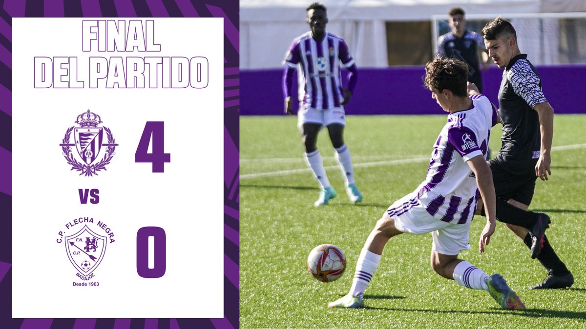 RVcantera's tweet photo. JUVENIL A | 🙌🏻💜 ¡FINAL! Nueva victoria frente al @cpflecha que coloca al Pucela con 24 puntos
 
⚽️ Canito (p.), Dani, Hugo Guzón y Ani marcaron los goles

#pucela #RVcantera https://t.co/JjM6FdCpeM