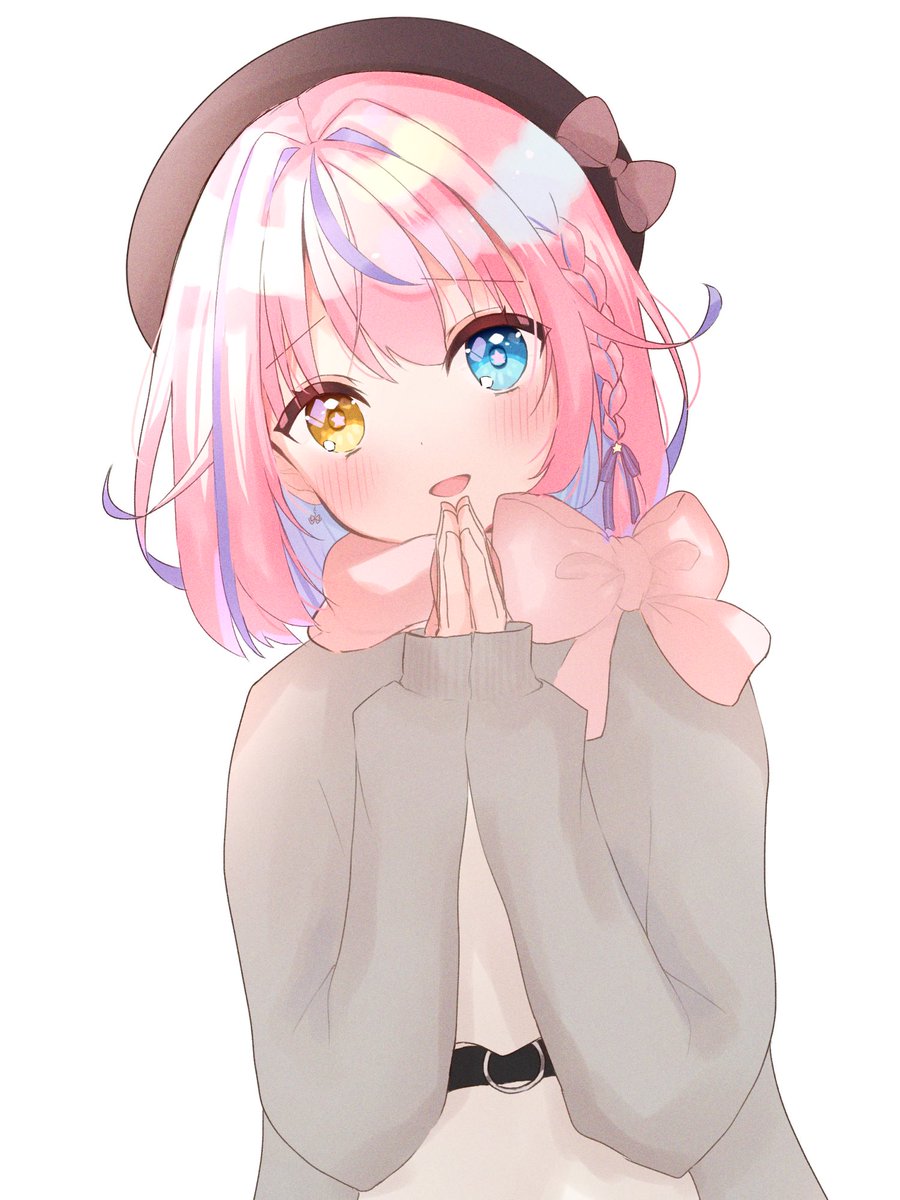 1girl hat pink hair solo blue eyes heterochromia braid  illustration images