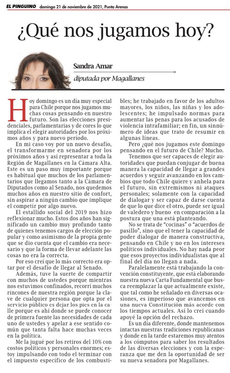 Muy buenos días‼️Hoy nos jugamos muchas cosas para nuestro futuro. Y eso lo transmití en la columna de este domingo en el <a href="/pinguinodiario/">Pingüino Multimedia</a> 🟡🔵 #Elecciones2021CL #AmarSenadora #Magallanes #Puq