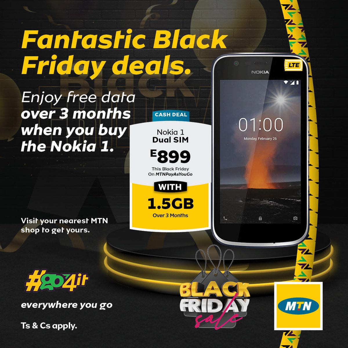 MTNEswatini's tweet photo. Do yourself a solid and don't pass up on the chance to take advantage of these awesome black🖤 and yellow💛 Friday deals just waiting for you at an MTN outlet close by. Not only do you get the ideal smartphone, but there's an extra topping of data to cover you as you #Go4IT 😎. https://t.co/ybnuIL5b2w