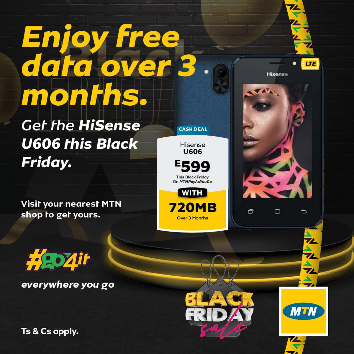 MTNEswatini's tweet photo. Do yourself a solid and don't pass up on the chance to take advantage of these awesome black🖤 and yellow💛 Friday deals just waiting for you at an MTN outlet close by. Not only do you get the ideal smartphone, but there's an extra topping of data to cover you as you #Go4IT 😎. https://t.co/ybnuIL5b2w