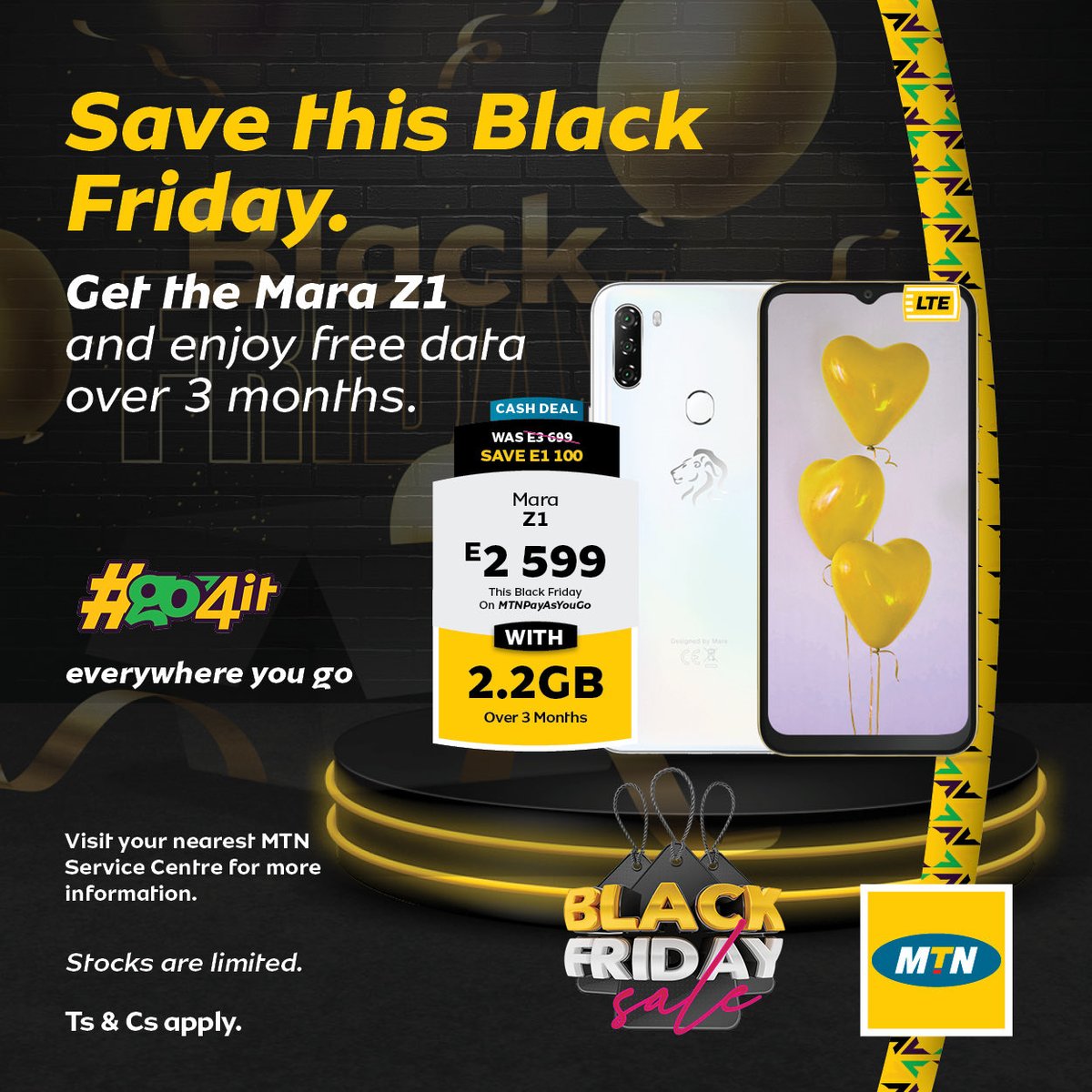 MTNEswatini's tweet photo. Do yourself a solid and don't pass up on the chance to take advantage of these awesome black🖤 and yellow💛 Friday deals just waiting for you at an MTN outlet close by. Not only do you get the ideal smartphone, but there's an extra topping of data to cover you as you #Go4IT 😎. https://t.co/ybnuIL5b2w