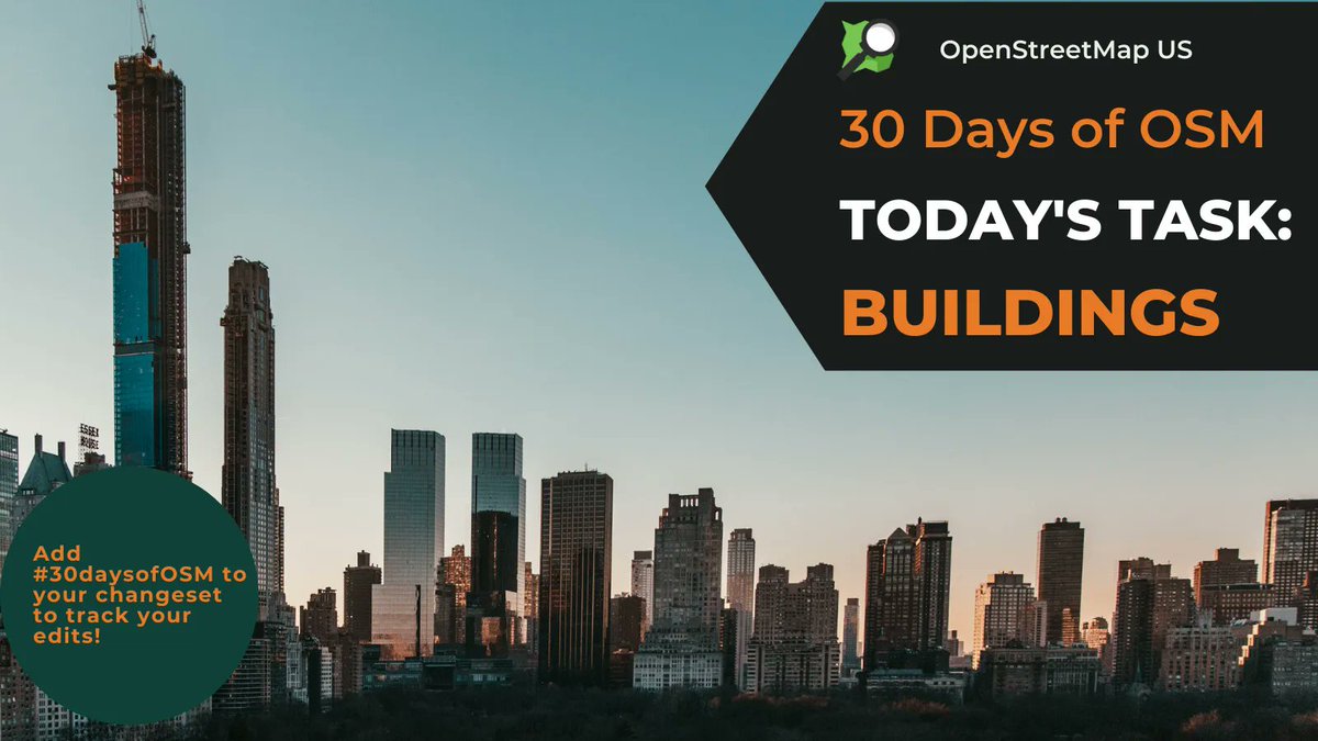 OpenStreetMapUS's tweet image. For Saturday&apos;s task, we&apos;re going back to basics today by mapping buildings. Trace an area around the building footprint, tag building=yes unless you know the building type. Remember to add #30daysofOSM to your changeset to track your edits. More info: buff.ly/3oHSMCa
