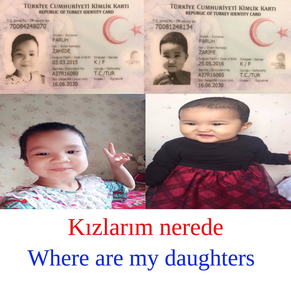 Ben Türkiye Cumhuriyeti vatandaşıyım. Çin hükümeti 5 senedir kızlarımı alıkoydu!
Devletimizden kızlarıma sahip çıkmasını ve Türkiye'ye yanıma getirmesini talep ediyorum. 
Lütfen ilgili yerlere ulaşılması için tivitime destek verin.