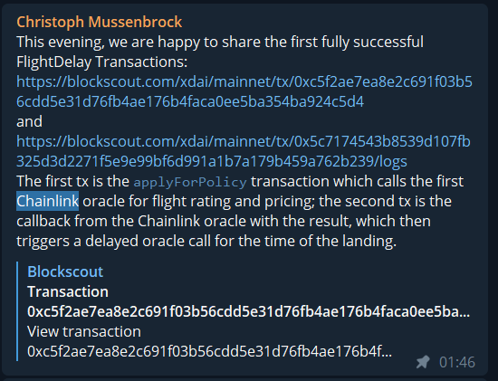 link_hound's tweet photo. BOOM 💥 @etherisc 

"The 1st tx is the applyForPolicy transaction which calls the first Chainlink oracle for flight rating and pricing; 

The 2nd tx is the callback from the Chainlink oracle with the result, which then triggers a delayed oracle call for the time of the landing." https://t.co/ZzgROYa19J