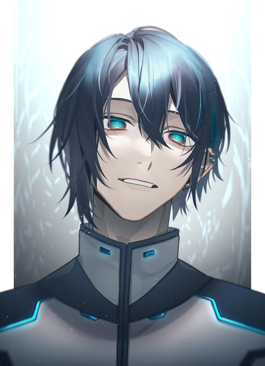 1boy male focus solo looking at viewer black hair piercing blue eyes  illustration images