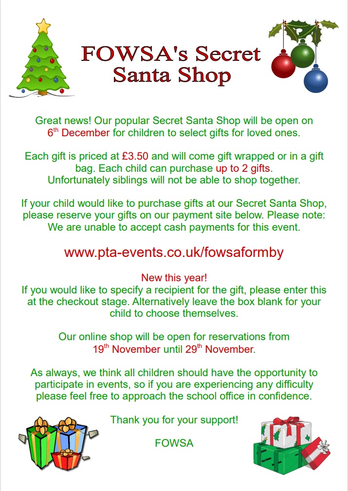 fowsaformby's tweet photo. Great news! Our Secret Santa Shop is back this year for children to select gifts for loved ones.

You can reserve your gifts on our payment site until 29th November 2021:
https://t.co/T7zdCdvyp1

Full details are available here:
https://t.co/ufURZvhW9u

Thank you!

FOWSA 🎅🎁 https://t.co/qop68VXoef