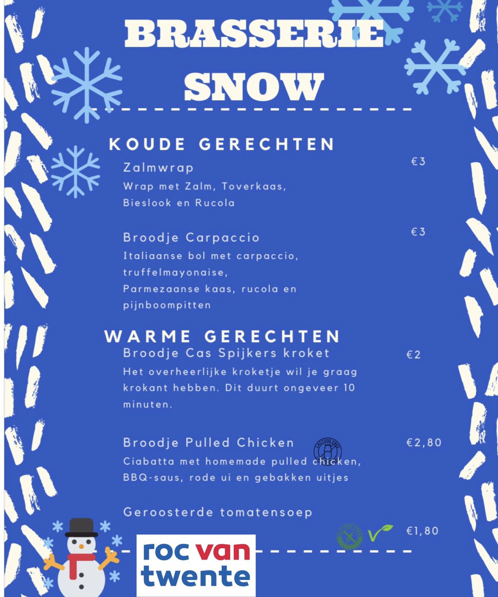 📣Nieuwe kaart📣 Houd wel rekening als externe gast dat we de corona check app scannen. Een mondkapje 😷 is verplicht tijdens het lopen door het gebouw. Onze brasserie sluit om 1️⃣5️⃣:3️⃣0️⃣ uur. Op di en vrij sluit de brasserie om 1️⃣4️⃣:0️⃣0️⃣ uur. Graag zien we jullie! #rocvt #horeca