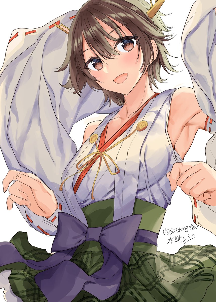 hiei (kancolle) 1girl solo short hair skirt brown hair green skirt ribbon-trimmed sleeves  illustration images