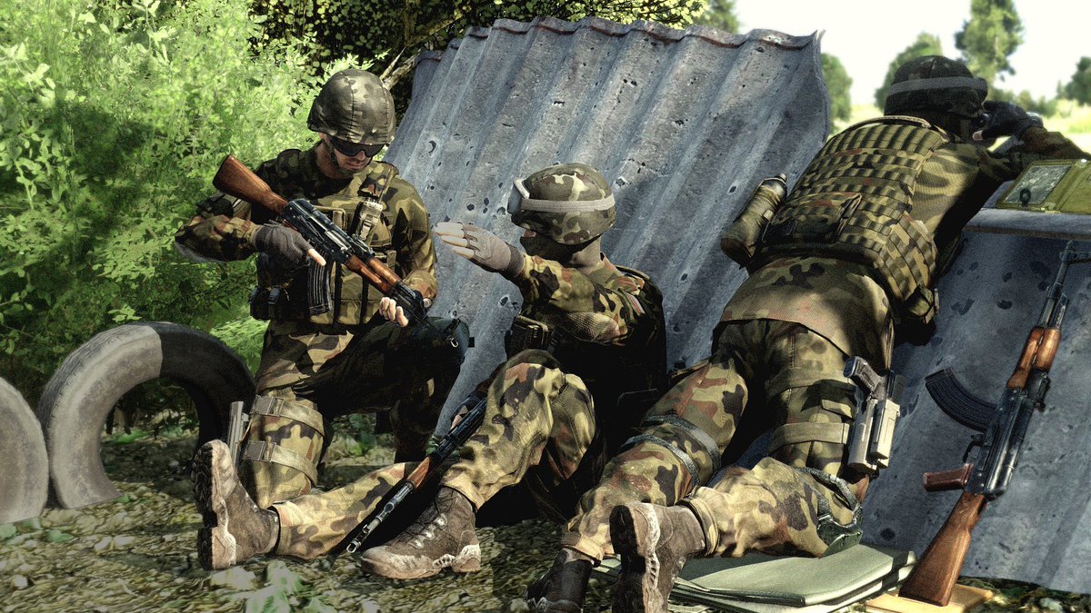 Polish soldiers stake out a tree line during a live fire exercise. Training AKMs prove reliable if not antiquated compared to Radom's Beryl and Grot.  #Arma3 #arma3photography