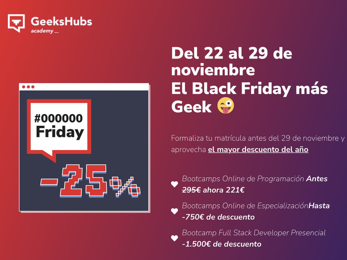 MoureDev's tweet image. 📣 SORTEO 3 Bootcamps de programación!
En @geeks_academy, aparte del 25% de descuento, sortearé en Twitch 3 accesos completos a sus Bootcamps de Frontend, Backend y Agile.
🗓 Lunes 22
⏰ 20:00 (hora España)
🟣 twitch.tv/mouredev
🔗 Info: bootcamp.geekshubsacademy.com/black-friday/?…
Un RT? 🙏🏼