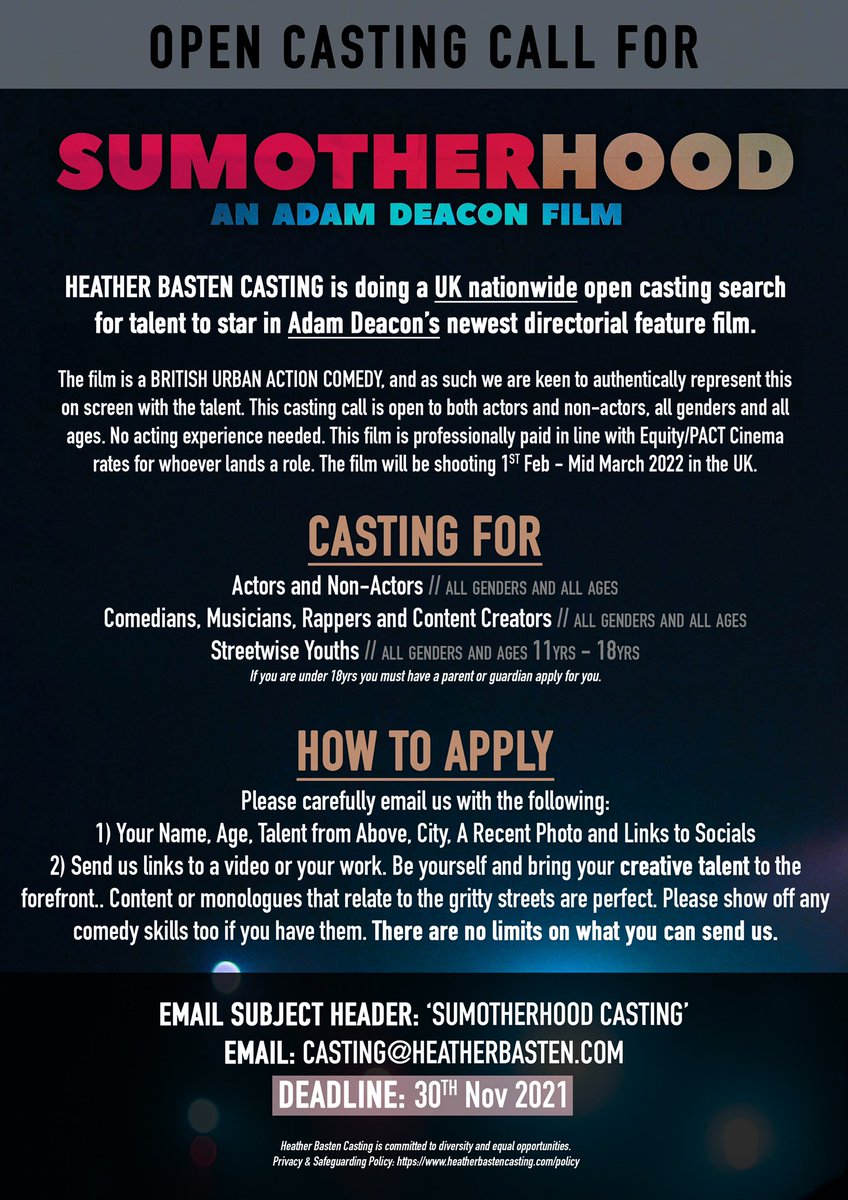 CASTING CALL: Heather Basten Casting are looking for talent to appear in Adam Deacon's latest directorial entitled #Sumotherhood. Applications are open for all genders and ages. Please see attachment for full details.
Filming Location: UK
#CastingCall #PaidCasting #ActorsLife #UK