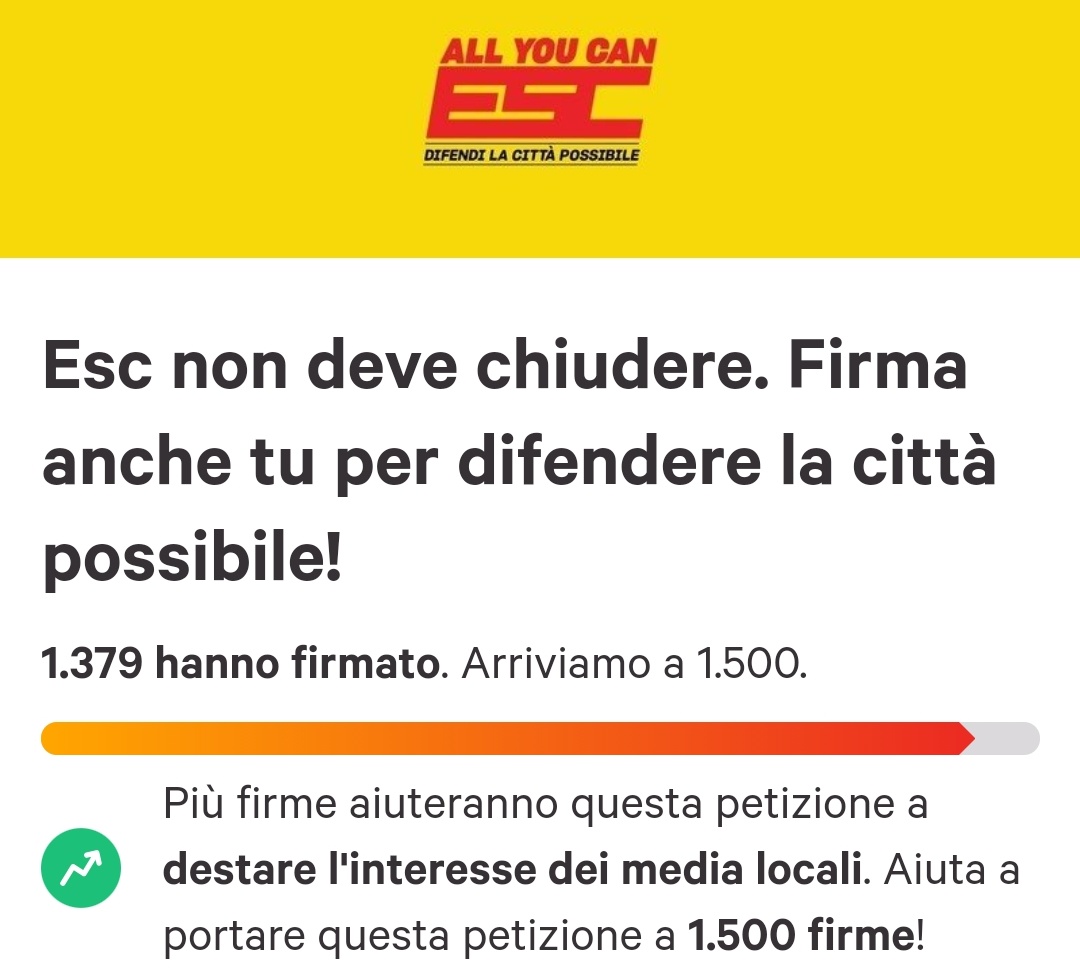 Esc_Atelier's tweet photo. Grazie a tuttə... in due giorni quasi 1500 firme! Continuiamo così! 
Esc non deve chiudere! 
Spingi Esc! 
Firma e diffondi ai tuoi contatti l'appello 👇
https://t.co/vNo67wV3fP

#allyoucanESC 
#difendiEsc e la città possibile https://t.co/3YHAeWPwE8