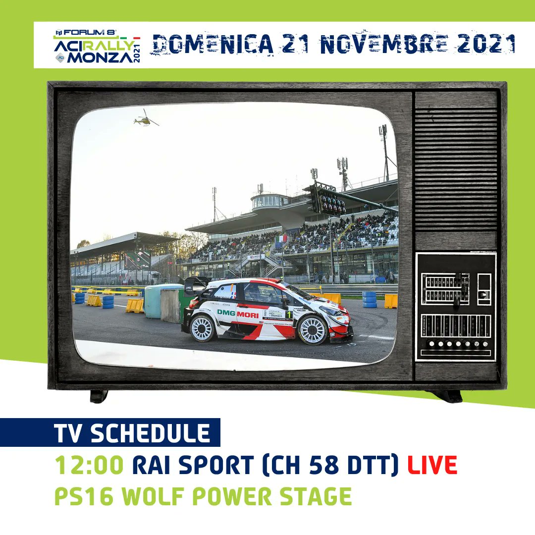 📺 FORUM8 <a href="/acirallymonza/">ACIRallyMonza</a> TV Schedule⠀⠀⠀
🔷 Domenica  21/11/2021 | ore 17:00 | SS15 SERRAGLIO (differita)
RAI Sport (CH 58 Digitale Terrestre)⠀⠀
⠀⠀
Il rally sarà trasmesso anche nei servizi di TGSport (18:30), TGSport notte/mattina.⠀
⠀⠀
#wrc #acirallymonza #seasonfinale