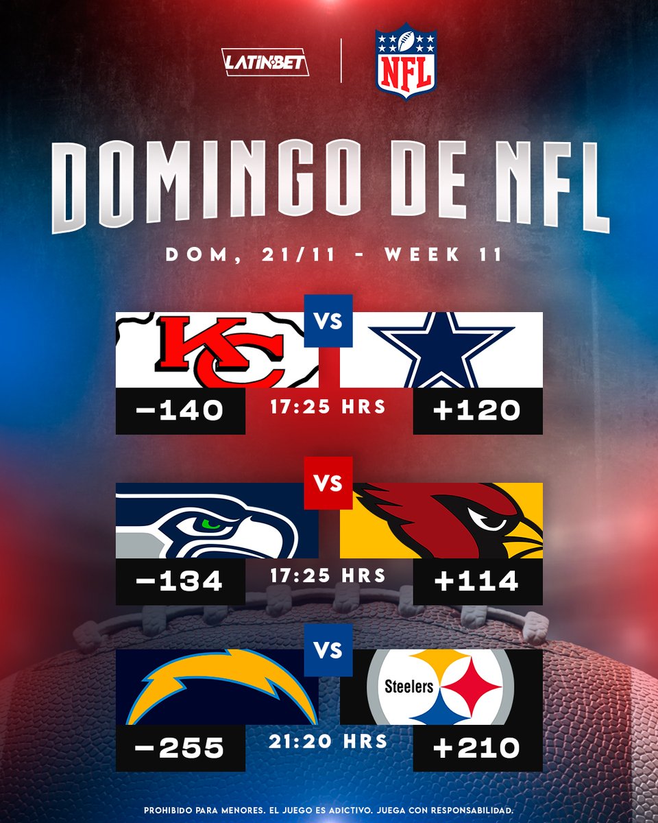 LATINbet's tweet photo. ¿Eres fanático de la #NFL? 🏈👀

Disfruta un domingo lleno de lo mejor del Futbol Americano en #LatinBET. 💰

Revisa las cuotas que tenemos para ti y apuéstale esta noche a tu equipo favorito. 🤑 https://t.co/xJ9qinUUF5