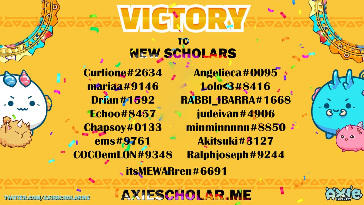 MetaverseSCH's tweet photo. Congratulates to the following members for getting our scholarships. Accounts will be sent to you guys in the following days. Get ready for the new journey! #AxieInfinity #AxieInfinityScholars #AxieinfinityScholarship https://t.co/fBU84CZNiE