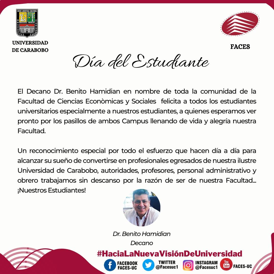 Hoy #21Noviembre Día  del Estudiante felicitamos especialmente a nuestros estudiantes, a quienes esperamos ver pronto por los pasillos de ambos Campus llenando de vida y alegría nuestra Facultad. 

Felicitaciones.

Dr. Benito Hamidian
Decano