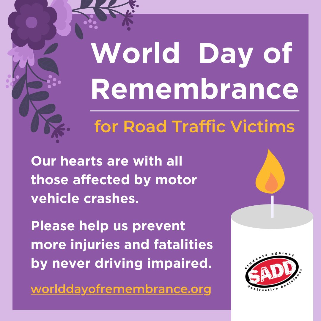 Today we remember all those affected by motor vehicle crashes. Let's continue to make our nation's roadways safer by pledging to never drive impaired. Visit worlddayofremembrance.org/#top for more information. 💜