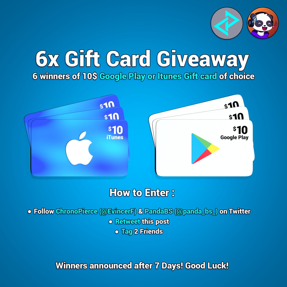 Me and <a href="/panda_bs_/">Pandu</a> are giving away 6 Gift Cards!
Google Play or iTunes (of your choice)!
How to Enter:
- Follow @EvincerF and <a href="/panda_bs_/">Pandu</a> 
- Retweet
- Tag 2 friends

6 winners picked after 7 days! Good luck!