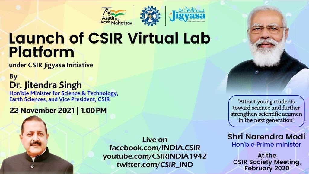Join us at the launch by Hon’ble Minister of S&amp;T ⁦<a href="/DrJitendraSingh/">Dr Jitendra Singh</a>⁩ the CSIR Virtual Lab under ⁦<a href="/CsirJigyasa/">CSIRJIGYASA</a>⁩ that is aimed at connecting school students to scientists  &amp; science through games, animation etc &amp; make learning exciting ⁦⁦<a href="/shekhar_mande/">Shekhar Mande</a>⁩ ⁦