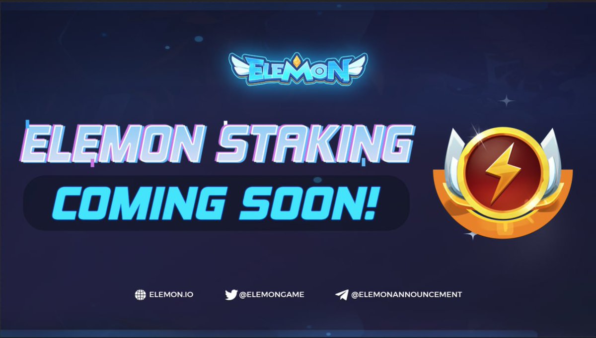 💎💎💎 THE NEXT CHAPTER - ELEMON STAKING PROGRAM 

🔥 To continue Elemon's chain of hot events, we are back with a huge sneak peek-ELEMON STAKING PROGRAM IS ON ITS WAY

🚀 Stake ELMON and earn - guess what great things you can get

🎯There will be more hidden secrets to come!