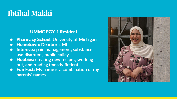 umresfelrx's tweet photo. We're excited to announce that our @umresfelrx PGY1 resident, Dr. Ibtihal Makki @ibtiprofen, will be staying for our PGY2 Pain and Palliative Care Pharmacy residency! Congrats 👏 #PharmRes #TwitteRx https://t.co/uDgxnXmNNm