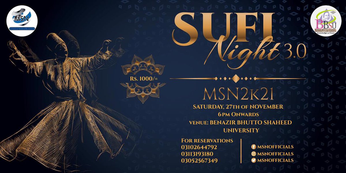 MSNofficials's tweet photo. Students Welfare Office is please to announce the night of the year.Sufi Night 3.0 is coming with it's all love, devotion and longing.
Pass: Rs 1000
Venue: BBSU
Contact for passes
#MSN #MSN2k21 #MSNBbsu #TeamMSN #BBSU #Sufism #SufiNight #SufiNight2021 https://t.co/LwwQAq9gHv