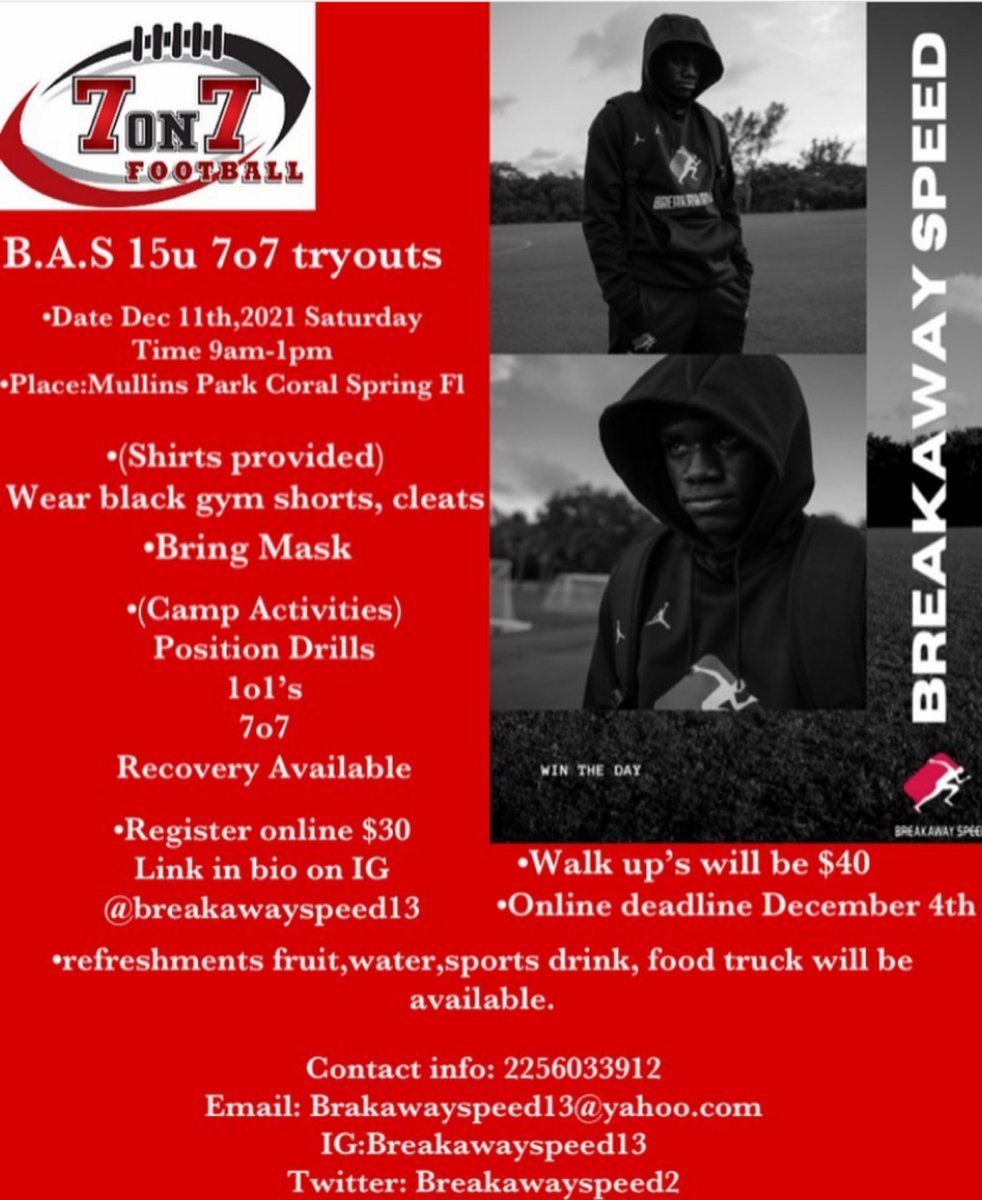 breakawayspeed2's tweet photo. ($30 at walk up) Hey 15u in the South Florida area if your looking for a 7o7 team your more then welcomed to tryout with us. #LetsBeGreat #WinTheDay #DaybyDay🏗 #B.A.Sports #RIZE #CommitToTheProcess #CommitToTheGrind #RiseToElite #Train2Win #CatchEmAll #RouteEmUp #CoverThe🌎 https://t.co/yioXGa4TeH