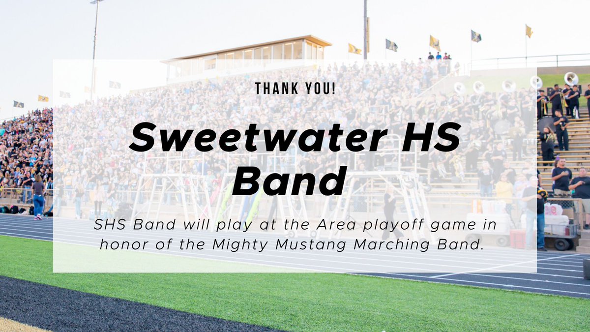Andrews_ISD's tweet photo. The Sweetwater High School band will play in place of the Mighty Mustang Marching Band at the Area playoff game. 

Thank you to the many schools who volunteered. We cannot thank you enough for your generosity. 

#MustangPride https://t.co/KBxm6pqw5T