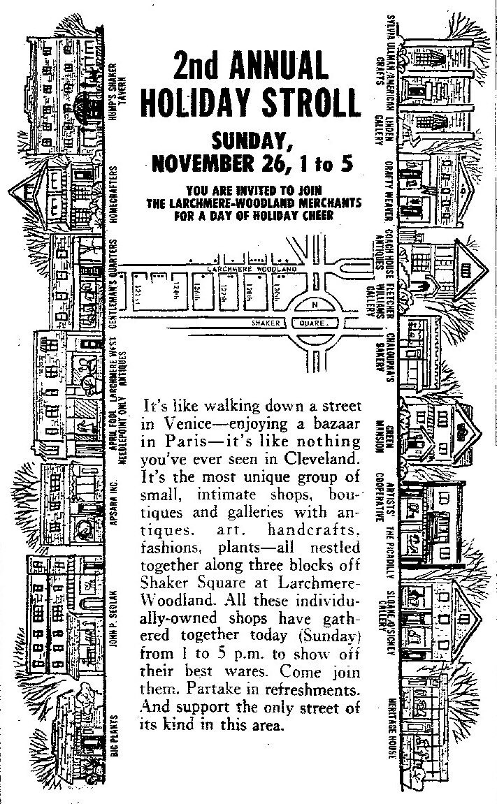 This Thanksgiving weekend marks the 50th anniversary of the Larchmere Holiday Stroll. That’s a long, independent run! (ad from 1972)