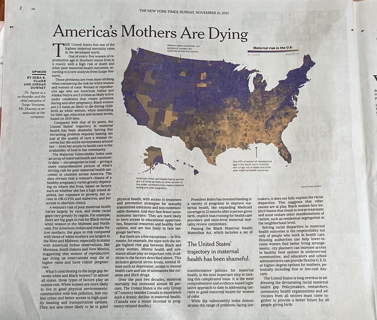 Honored to have my joint <a href="/nytopinion/">New York Times Opinion</a> piece showing the shameful trends of US #maternalhealth published in today's Sunday Review. 

Thank you to my <a href="/SurgoVentures/">Surgo Ventures</a> team and NYT's <a href="/iarynam/">Yaryna Serkez 🇺🇦</a> &amp; <a href="/duy_k_nguyen/">Duy Nguyen</a> - your collaboration was vital to making this happen!
nytimes.com/interactive/20…