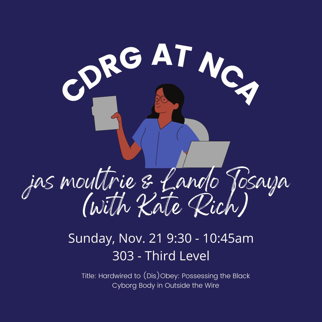 Today our scholars jas l moltrie & @LClairissian (with Kate Rich) will be discussing the topic of race being used as technology in “Hardwired to (Dis)Obey:
Possessing the Black Cyborg Body in Outside the Wire” #nca21 #afrofuturism #CDRGatNCA #ccde @UWComm @UW https://t.co/Vx6vPfBGIh