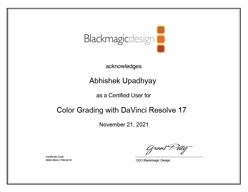 visualsbyabhi's tweet photo. Done with Blackmagic Design Color Grading certification 🙏

@Blackmagic_News

#blackmagicdesign #colorgrading #certification #davinciresolve17 #dicolorist https://t.co/d9S1jgYx0d