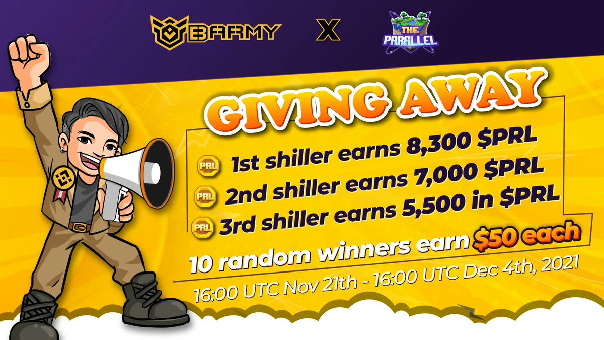 BARMYGROUP's tweet photo. .@theparallel_io &amp; BSC Army Are Giving Away $500 and 20,800 $PRL (~$750)

⏰ 16:00 Nov 21 - 16:00 Dec 4 (UTC)

⭐️ 10 random winners: 💵 $50 each
⭐️ Top 3: total 💵 20,800 $PRL (~$750)
🥇1st: 8,300 $PRL
🥈2nd: 7,000 $PRL
🥉 3rd: 5,500 $PRL

Join here: https://t.co/rmdMnjJlSD https://t.co/s7f4GItm54